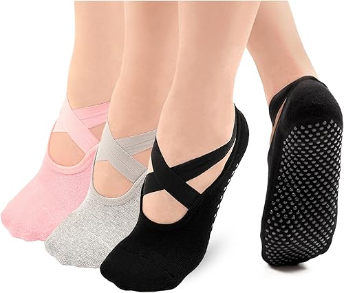 Bevigorio Calcetines de agarre de pilates con correas y amortiguadores, calcetines de yoga con agarres para mujer, antideslizantes, agarre