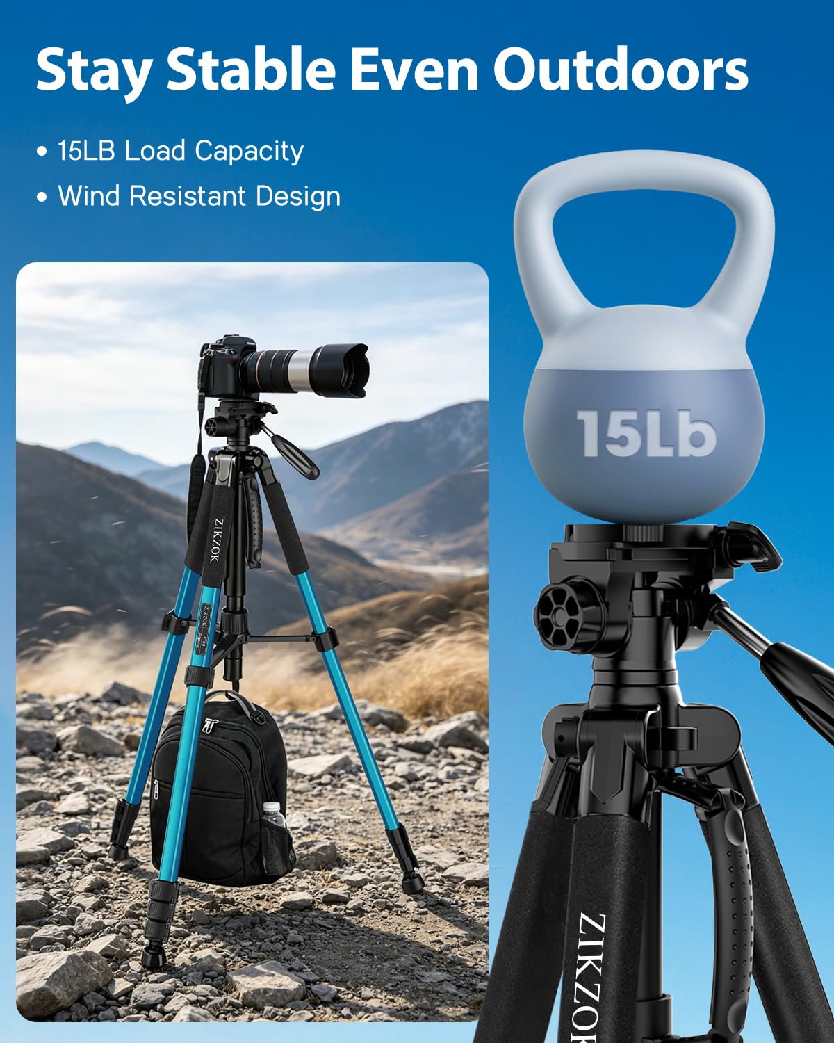 Treppiede da 190,5 cm, telecomando Bluetooth, carico max 6,8 kg, da viaggio, in alluminio per DSLR/telefono/tablet/proiettore, testa panoramica a 3 vie, piastra a sgancio rapido, pieghevole (blu)