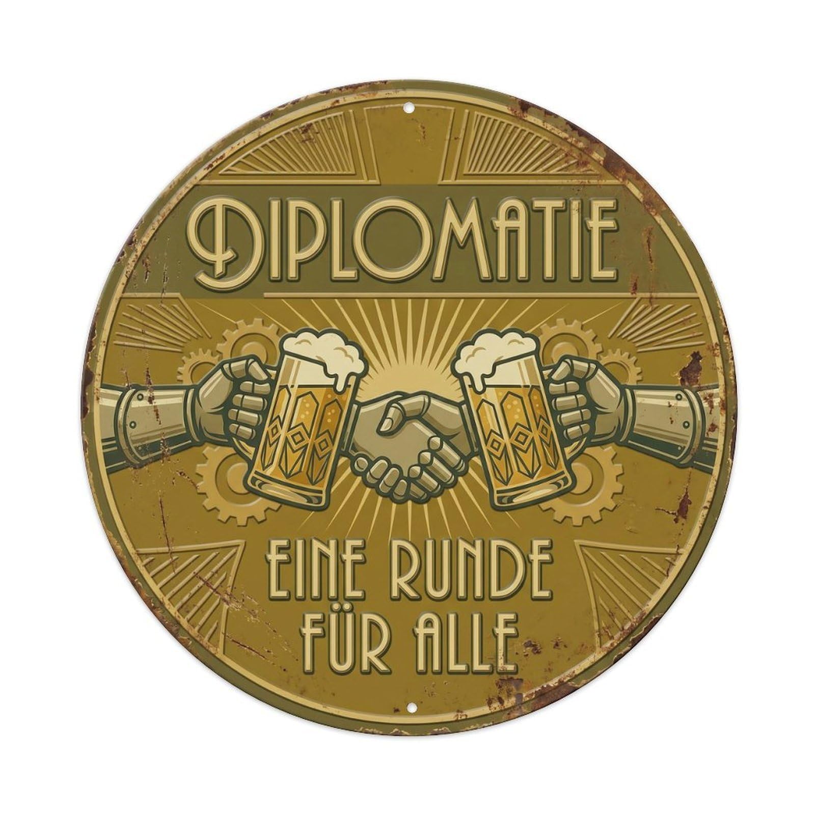 Vintage Bar Style Diplomatie Humorous Gathering Diplomacy Metal Tin Sign Plaque Wall Decor for Cafe, Club, Garden Round Metal Poster 8x8Inch