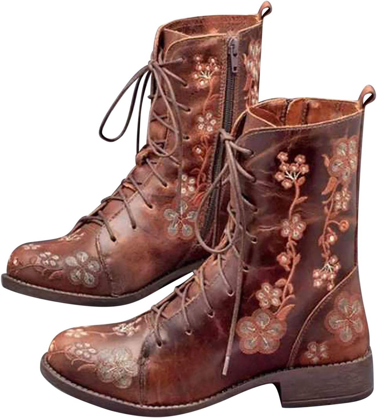 Womens Floral Embroidered Boots Ankle Boots with Side Zipper Stylish Work Shoes Low Heel Western Vintage Booties