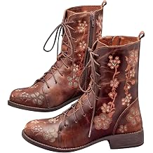 Womens Floral Embroidered Boots Ankle Boots with Side Zipper Stylish Work Shoes Low Heel Western Vintage Booties