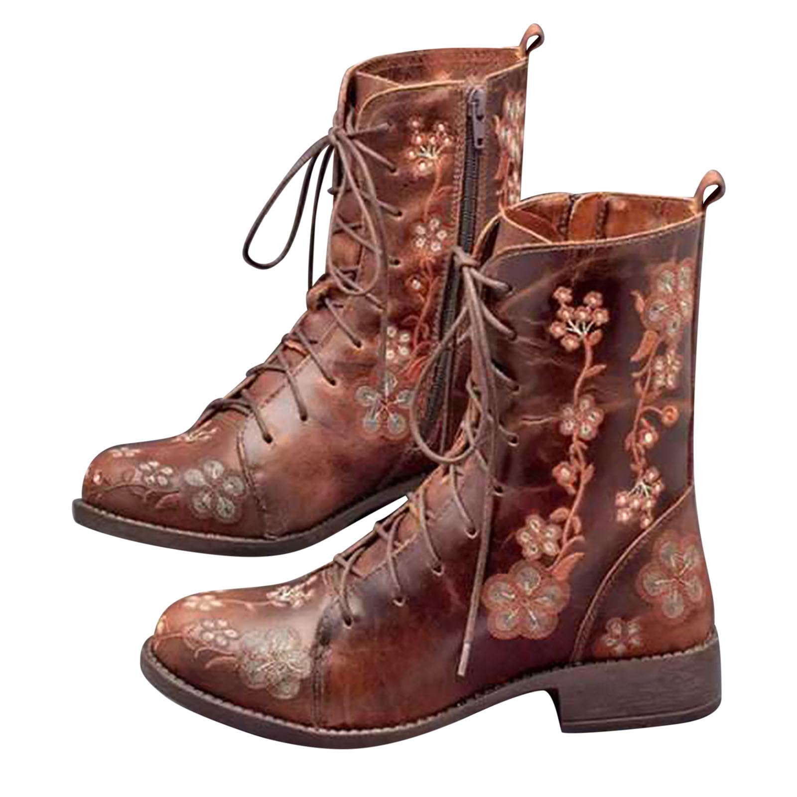 Womens Floral Embroidered Boots Ankle Boots with Side Zipper Stylish Work Shoes Low Heel Western Vintage Booties