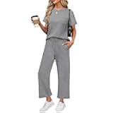 Casual Sets for Women 2 Piece Matching Lounge Sets Plain T Shirts Leisure Wear Set Cropped Pants Casual Work Outfits