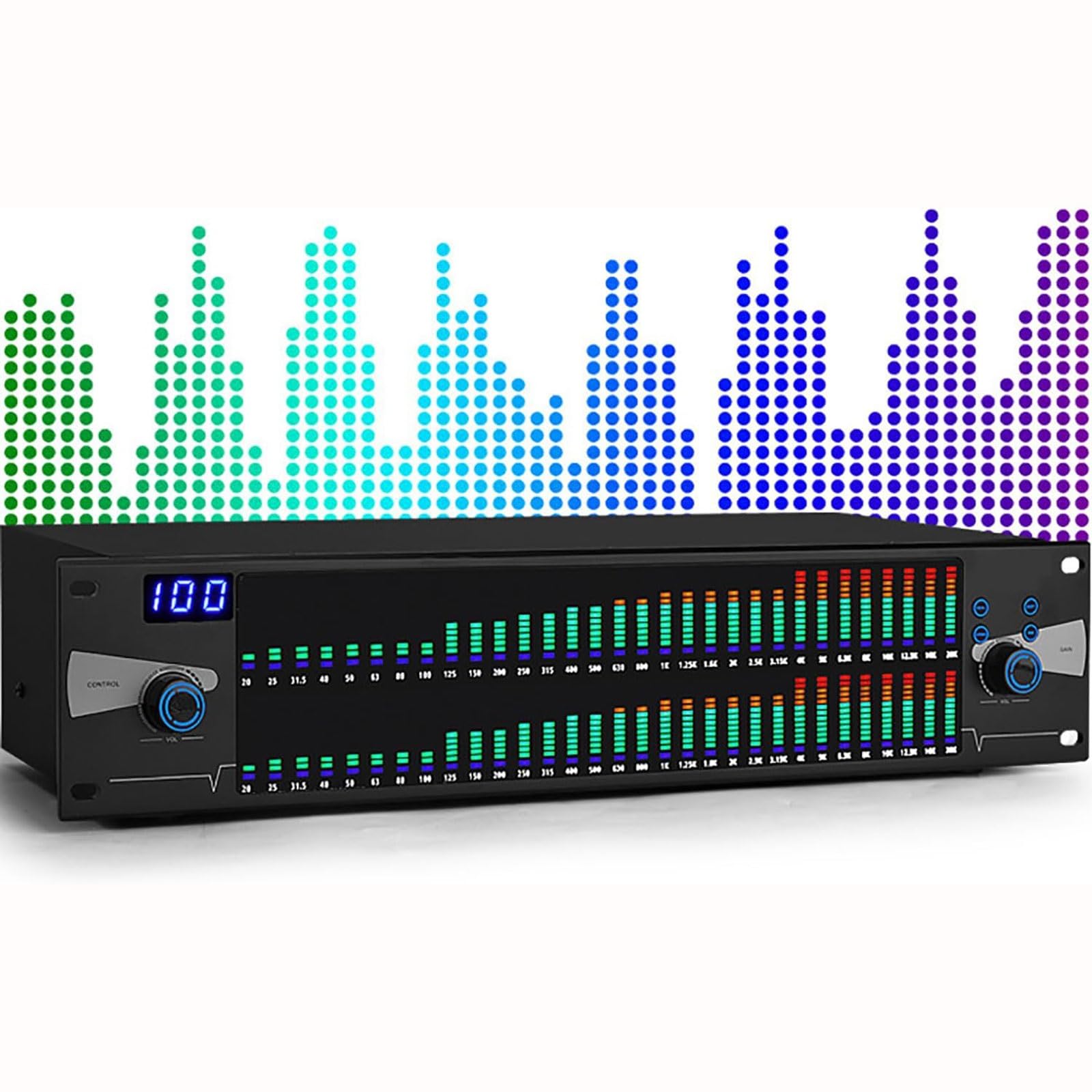 Ecualizador gráfico digital estéreo de 31 bandas, ecualizador gráfico profesional de 2 canales, 10 modos de efectos se pueden prealmacenar, ajuste alto/medio y bajo, reducción automática inteligente