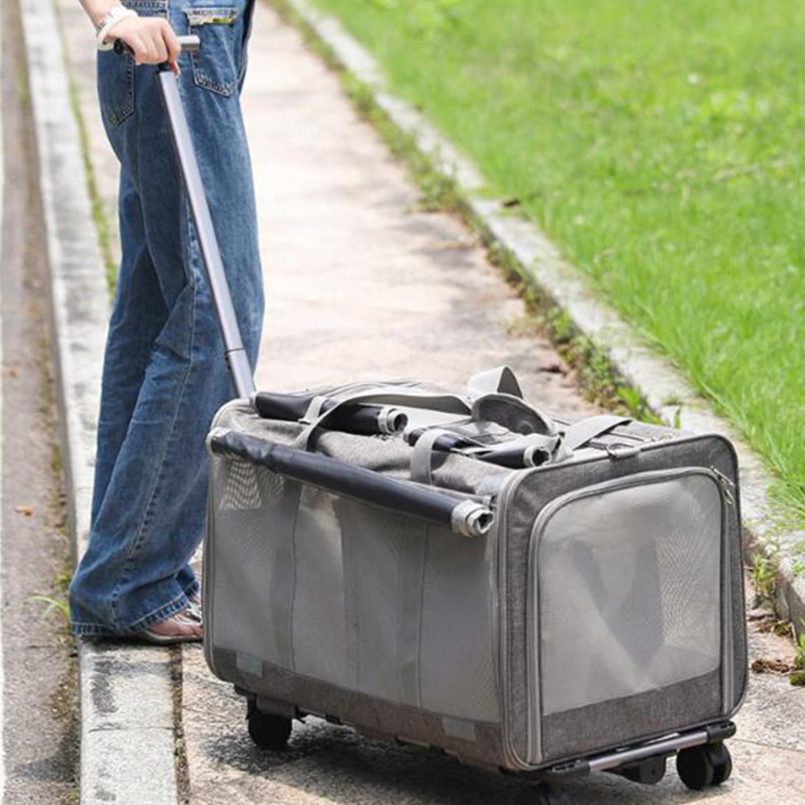 Transportin Doble para 2 Gatos con Ruedas Desmontables para Gatos Y Perros, Diseño Súper Ventilado, Ideal para Viajar, Caminar, Acampar