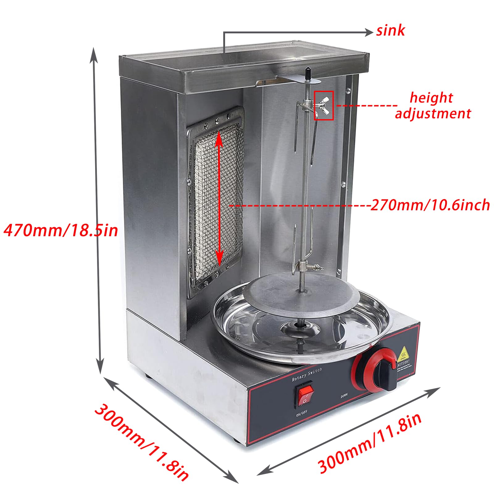 Pequeña máquina de parrilla de gas/GLP shawarma, rotación automática de 360°, altura ajustable, calentamiento rápido y uniforme, capacidad 3 kg/hora, asador de pollo doméstico