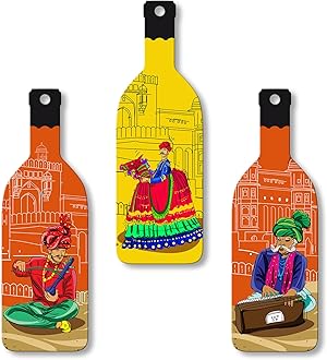 Artvibes Rajashtani Music Culture Decor Bottle shaped Wooden Wall Hanging | Wall Sculpture | Signs & Plaques | Handcrafted Art | Artwork | Aesthetic Wooden Decor | Unique Gift (WH_9513N), Set of 3