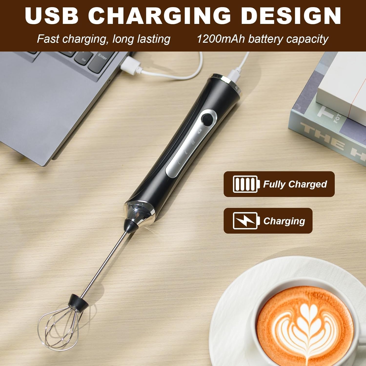 Mousseur à lait électrique portatif avec 2 têtes, fouet à café en mousse avec 3 vitesses rechargeable par USB, mélangeur pour latte, cappuccino, chocolat chaud, œuf (noir avec support)