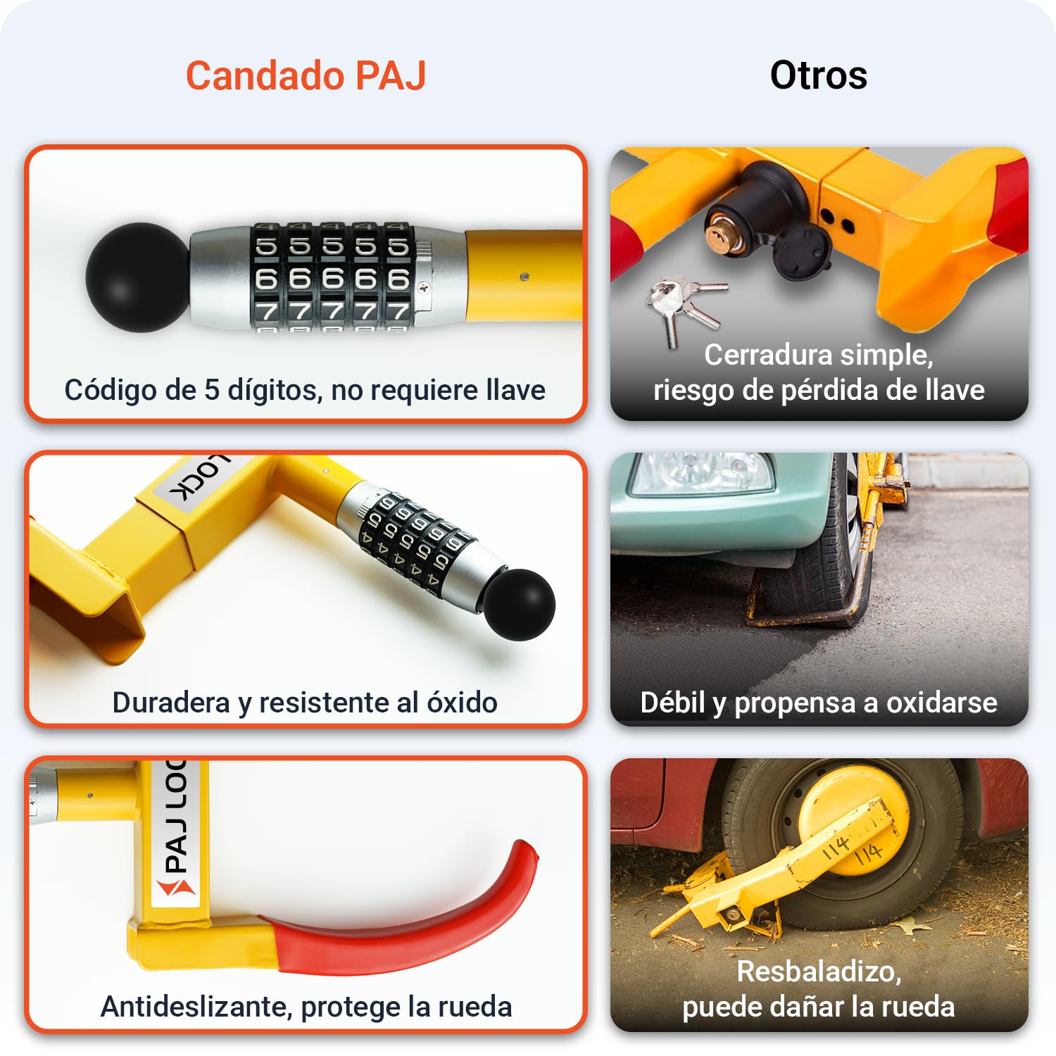 PAJ LOCK Cepo Antirrobo para Ruedas – Bloqueo de Rueda Universal para Coches, SUV, Furgonetas, Motos, Autocaravanas y Remolques – Mordaza Ajustable con Candado de Seguridad, Aparcamiento Seguro