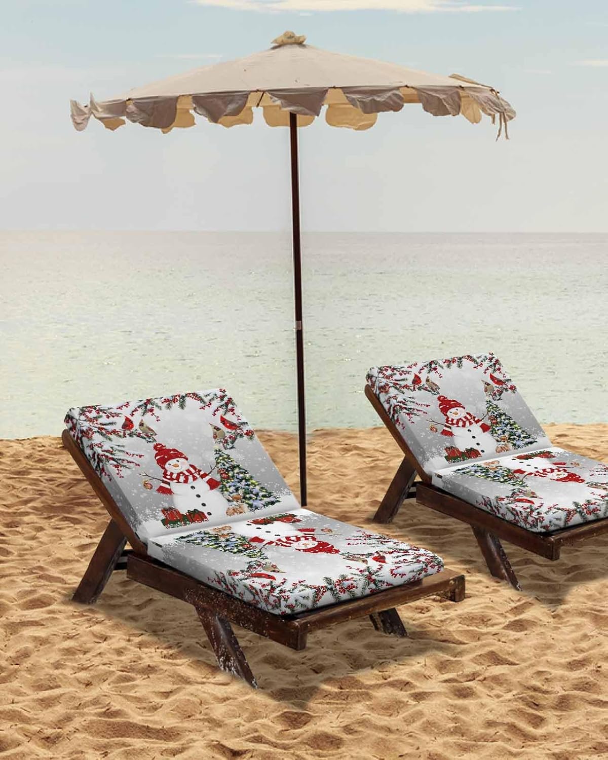 Grey Snowman Christmas Outdoor Waterproof Seat Cushion Covers 20x18, Patio Chair Slipcover with Ties Set of 2, Xmas Tree Branch Birds Replacement Seat Furniture Protector for Garden