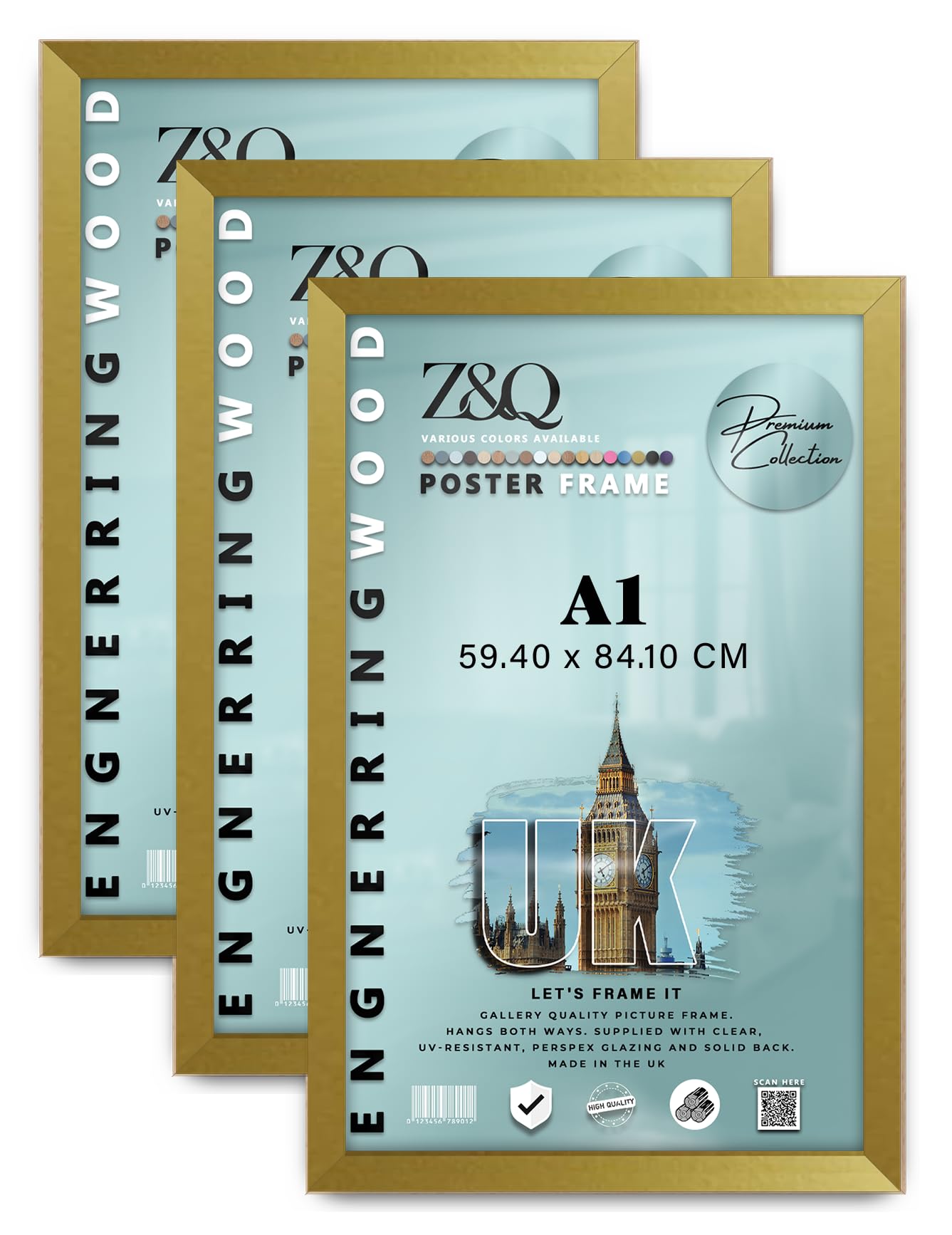 Z&Q Gold Pack Of 3 Elegant Eton Wood Finish A1 (59.40 X 84.10 Cm) Poster Frame | For Wall Décor 33 X 23 Inch Perfect For Art Display & Family Photo Gallery [ ]