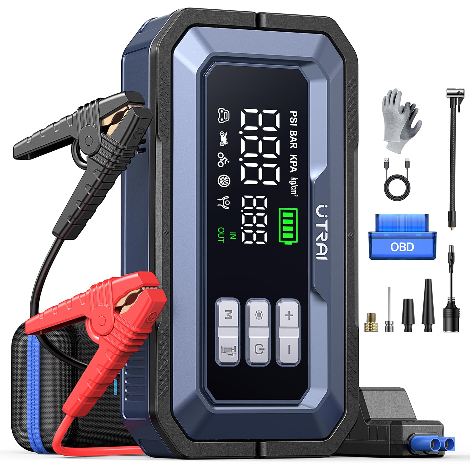 7000A Car Jump Starter with Air Compressor/OBD/160W DC Out/LED Light 2000 Lumens/18W Quick Charge (for All Gas or 14L Diesel) UTRAI Jump Starter