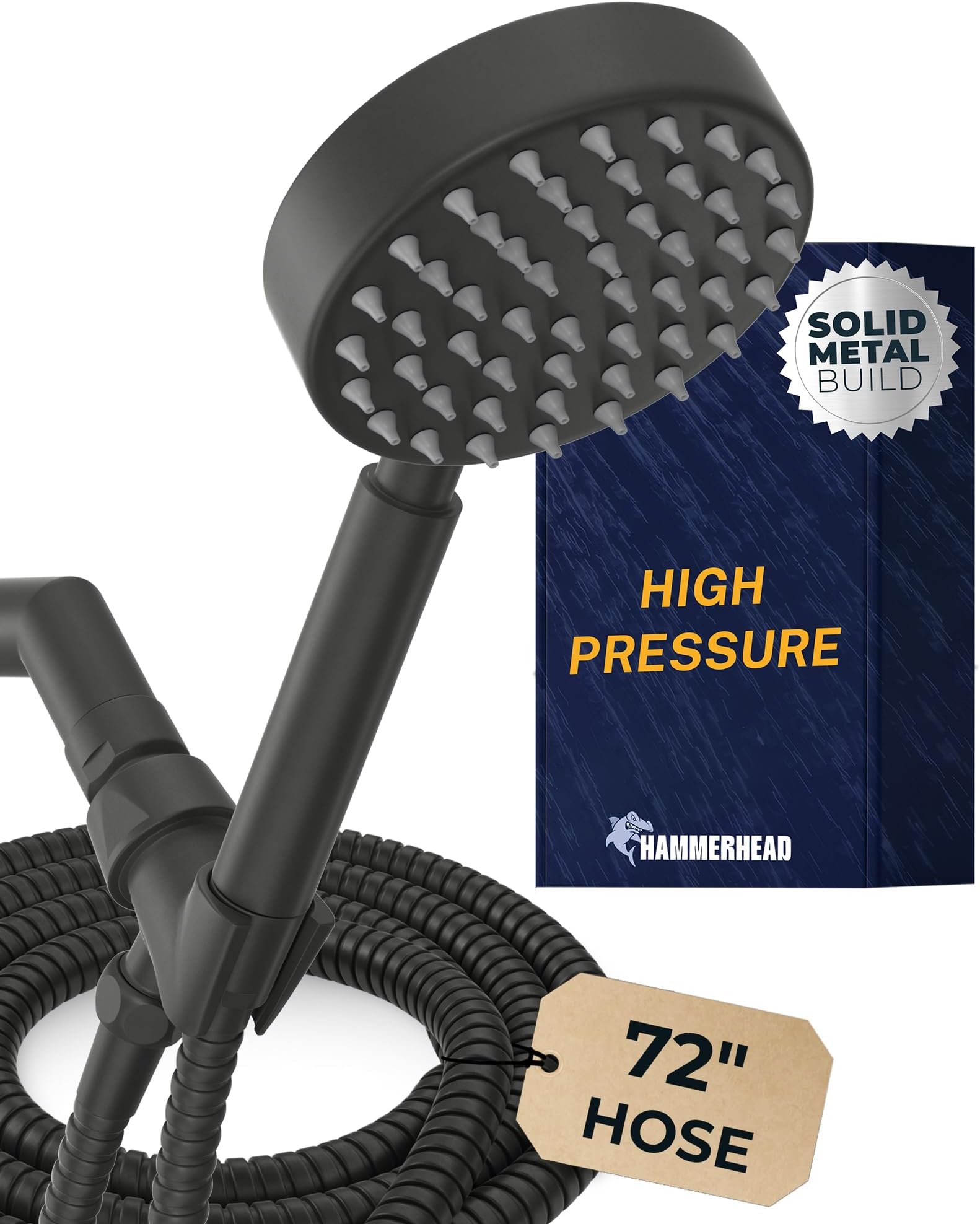 HammerHead Showers All Metal Hand Held Head with Hose and Holder, Matte Black | 2.5 GPM Rainfall Flow with Removable Restrictor | 4" Handheld head, 72 Inch Long Flexible Hose, Adjustable Bracket