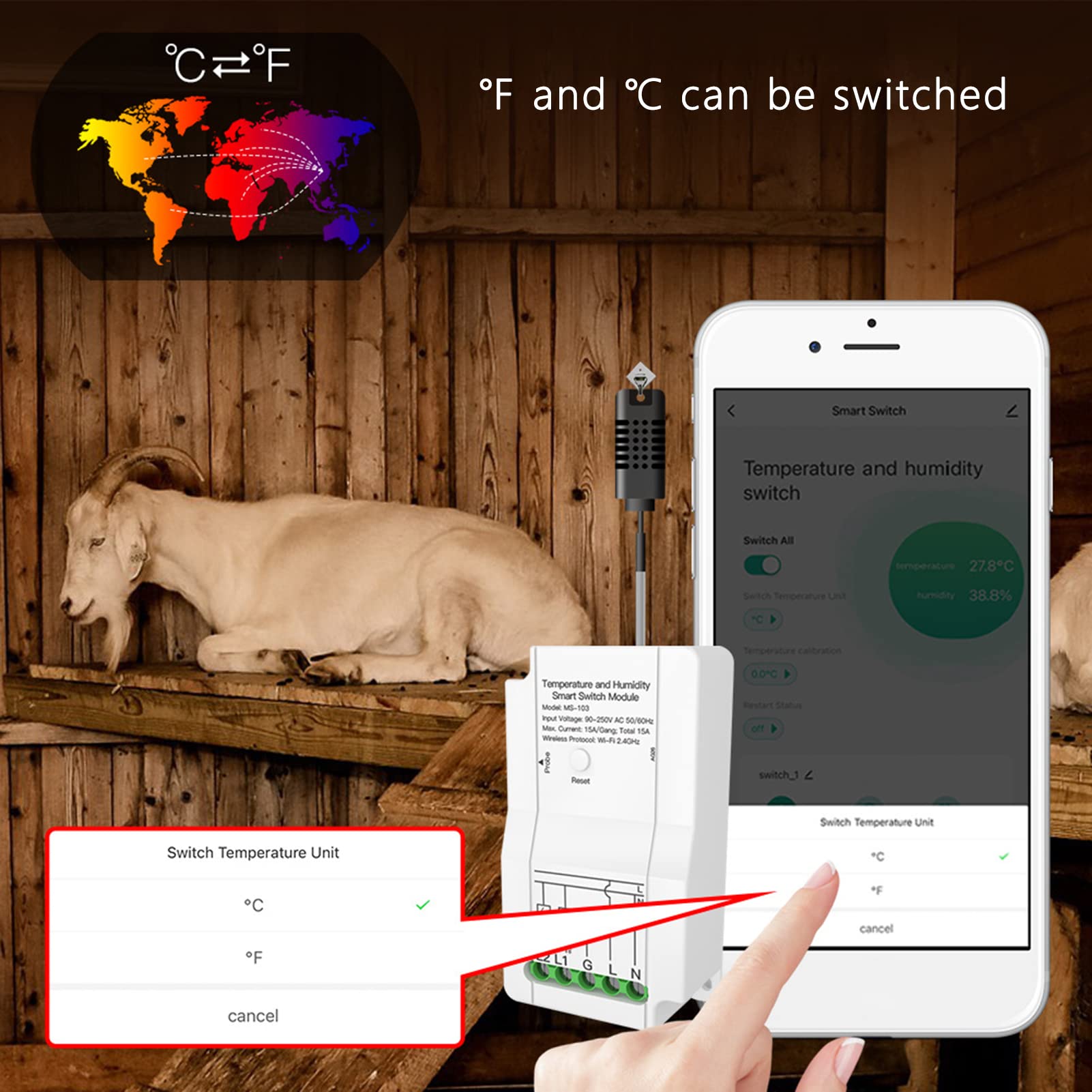 Interruptor De Sensor De Humedad, 90-250 V Smart WiFi Temperatura Humedad Interruptor Módulo Timing App Control Remoto con Sondas Detección De Humedad para Terrario De Invernadero De Setas