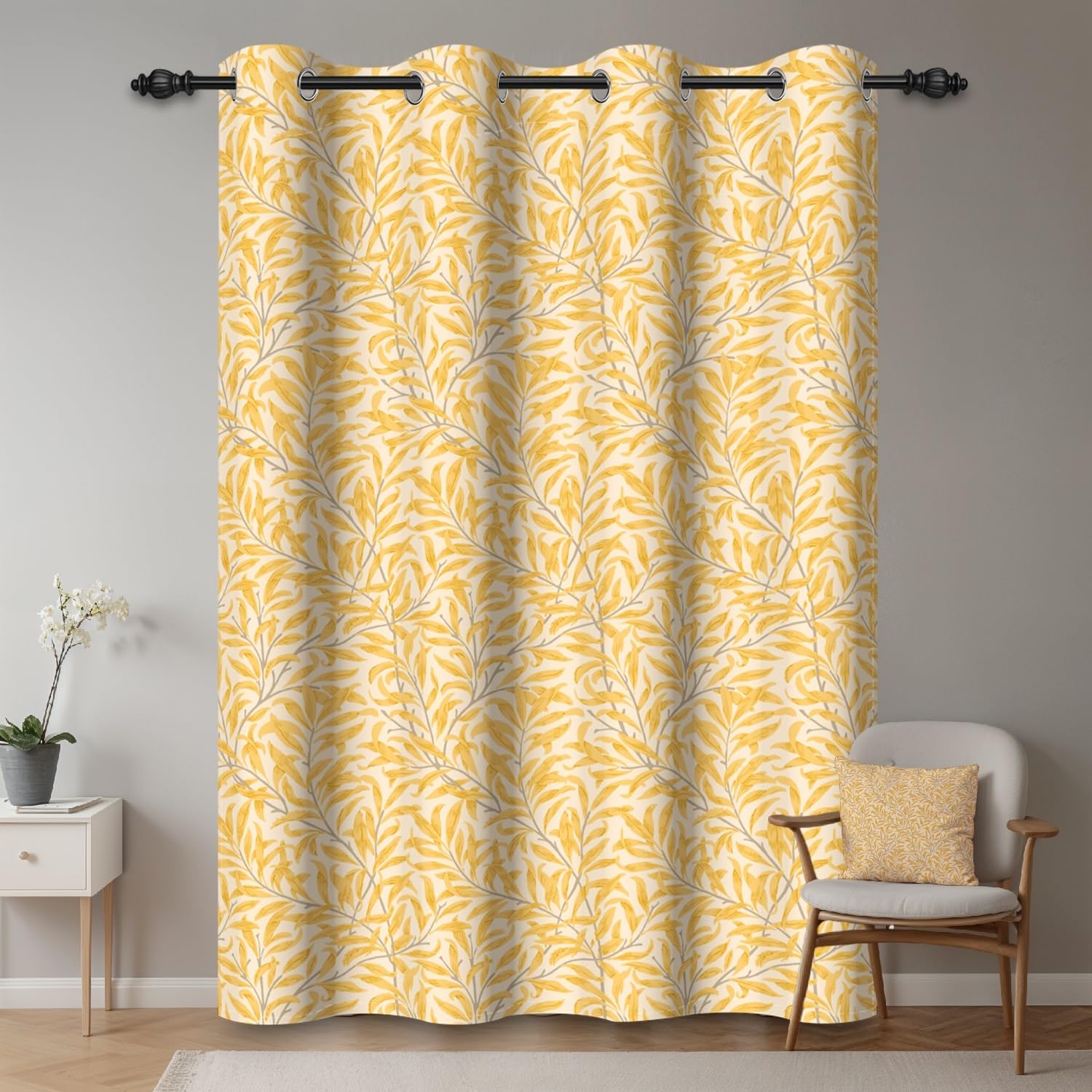 ggaimwf 132x214cm Leaf Blackout Curtain Yellow Plants Floral Seamless Pattern Eyelet Drapes Blackout Thermal Insulated Grommet Window Treatments for Living Room Bedroom Dining Room,Single Panel - Image 4
