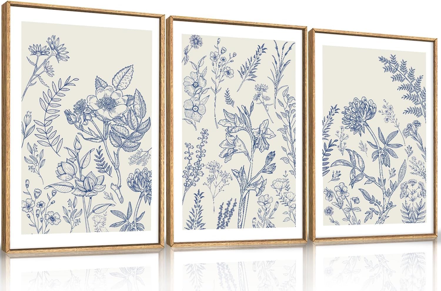 lianyibo Classic Chinoiserie Floral Canvas Wall Art Navy Blue Minimalist Wildflower Art Print for Living Room,Bedroom,Office(60x90cmx3/Frameless)