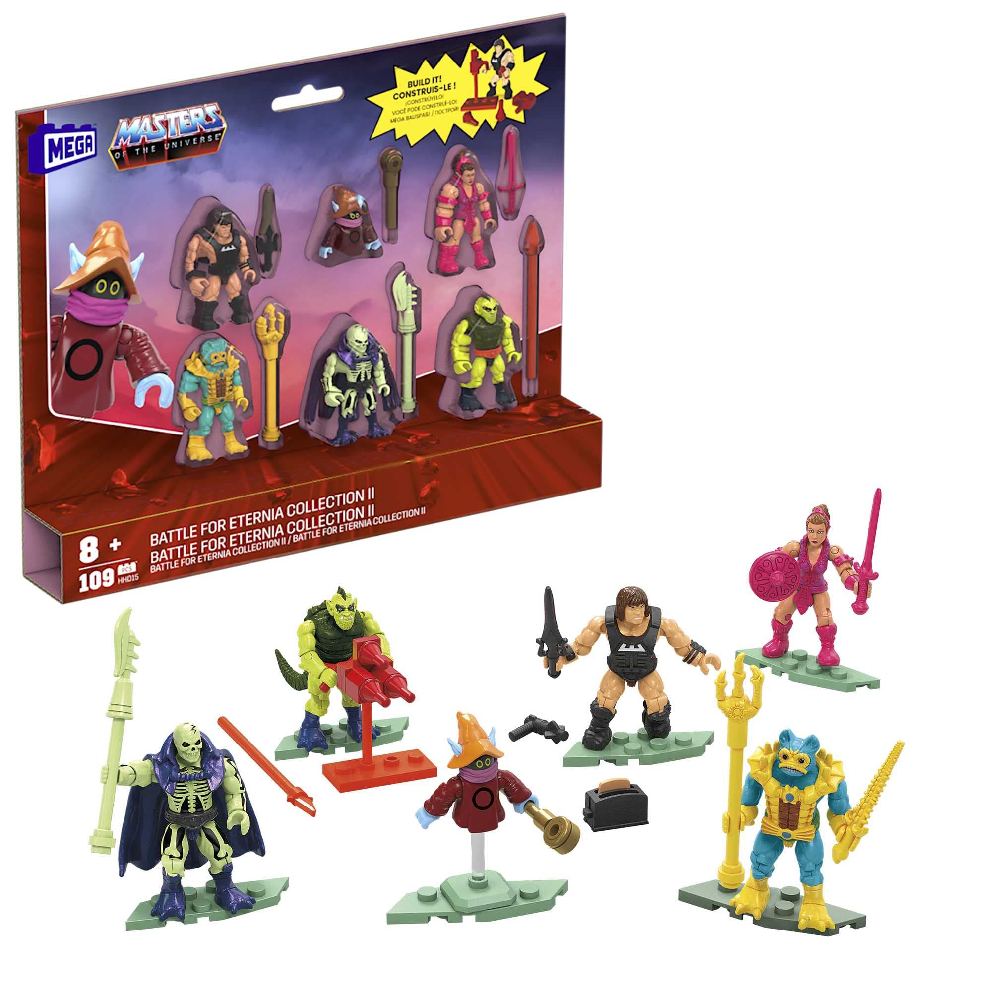 Mega Masters of the Universe - Kampf um Eternia Collection II, 6 detailgetreue Mikro-Aktionfiguren mit Laser und Zubehör, kompatibel mit Allen Bausteinsätzen, Motu, Spielzeug ab 8 Jahre, HHD15