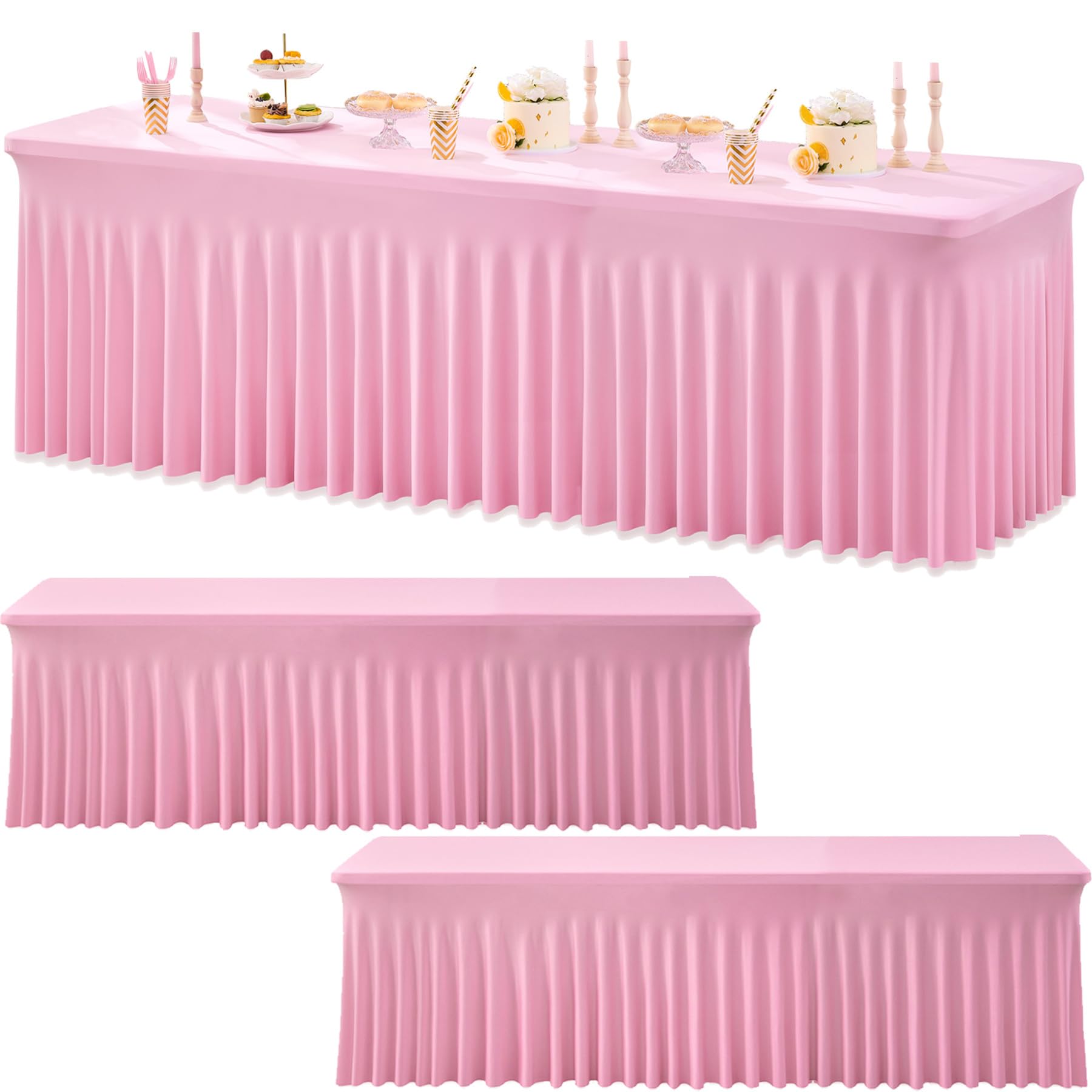 3pk Baby Pink Spandex Tablecloths for 8 Foot Rectangle Tables, Stretchy Table Cloths 8FT Pink Fitted Table Cover Desk Skirt for Wedding Party Birthday Banquet Baby Shower