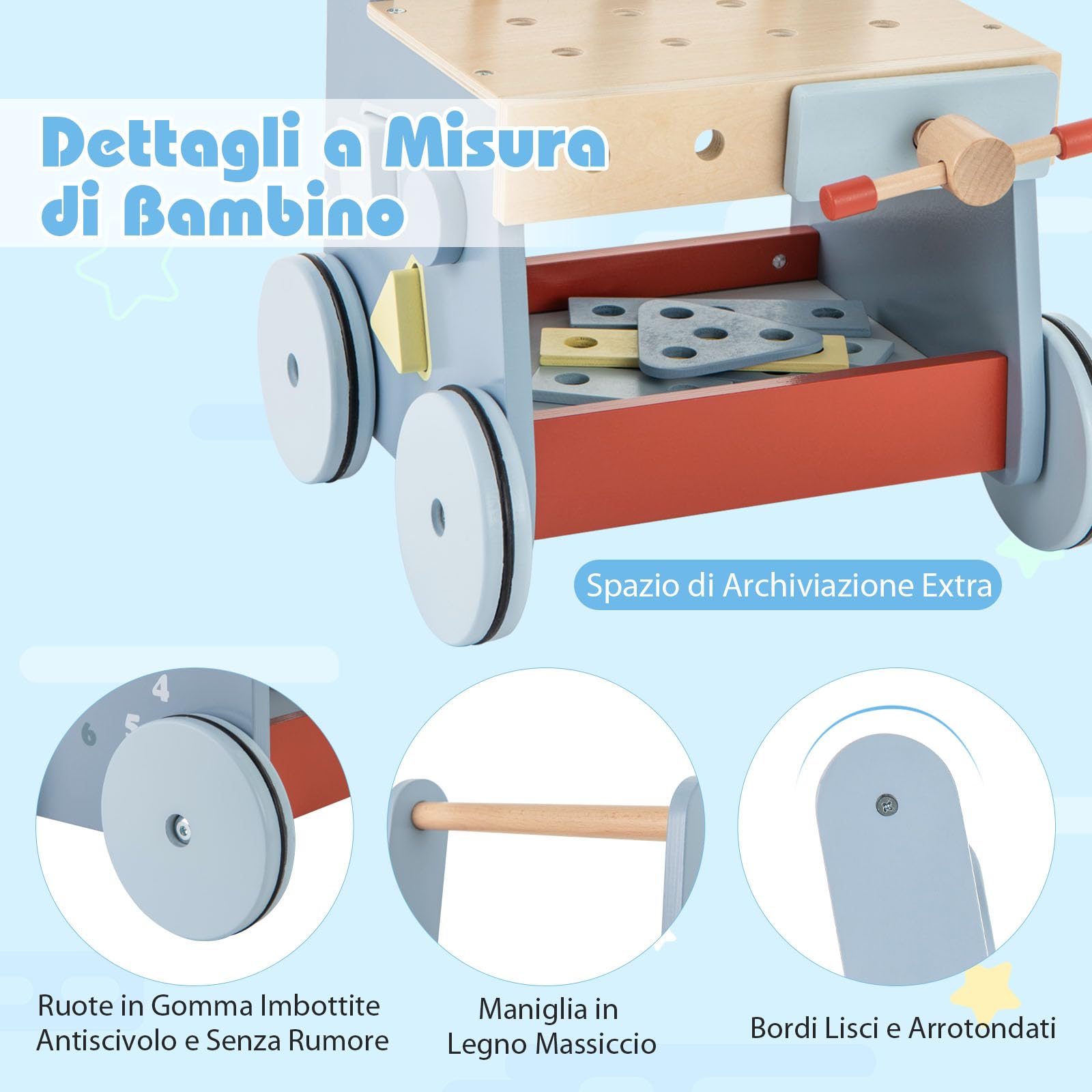 COSTWAY 2-in-1 Girello Neonato in Legno, Camminatore con Giocattoli e Attrezzi, Primi Passi per Bambini con Montessori, Carrello Primi Passi con Ruote, con Banco da Lavoro, per Bambini 3+ Mesi