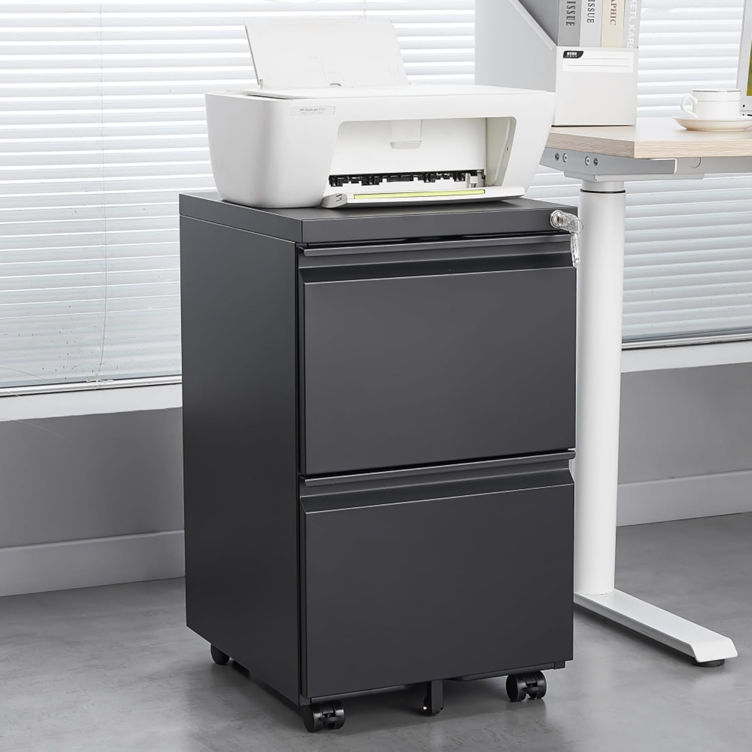 Metal Mobile Filing Cabinets, Lockable 2-Drawer Under Desk Rolling Anti-Tipping Center Caster Heavy-Duty Full-Extension Slides Hanging Folder System Letter Legal A4 Compatible Office Home