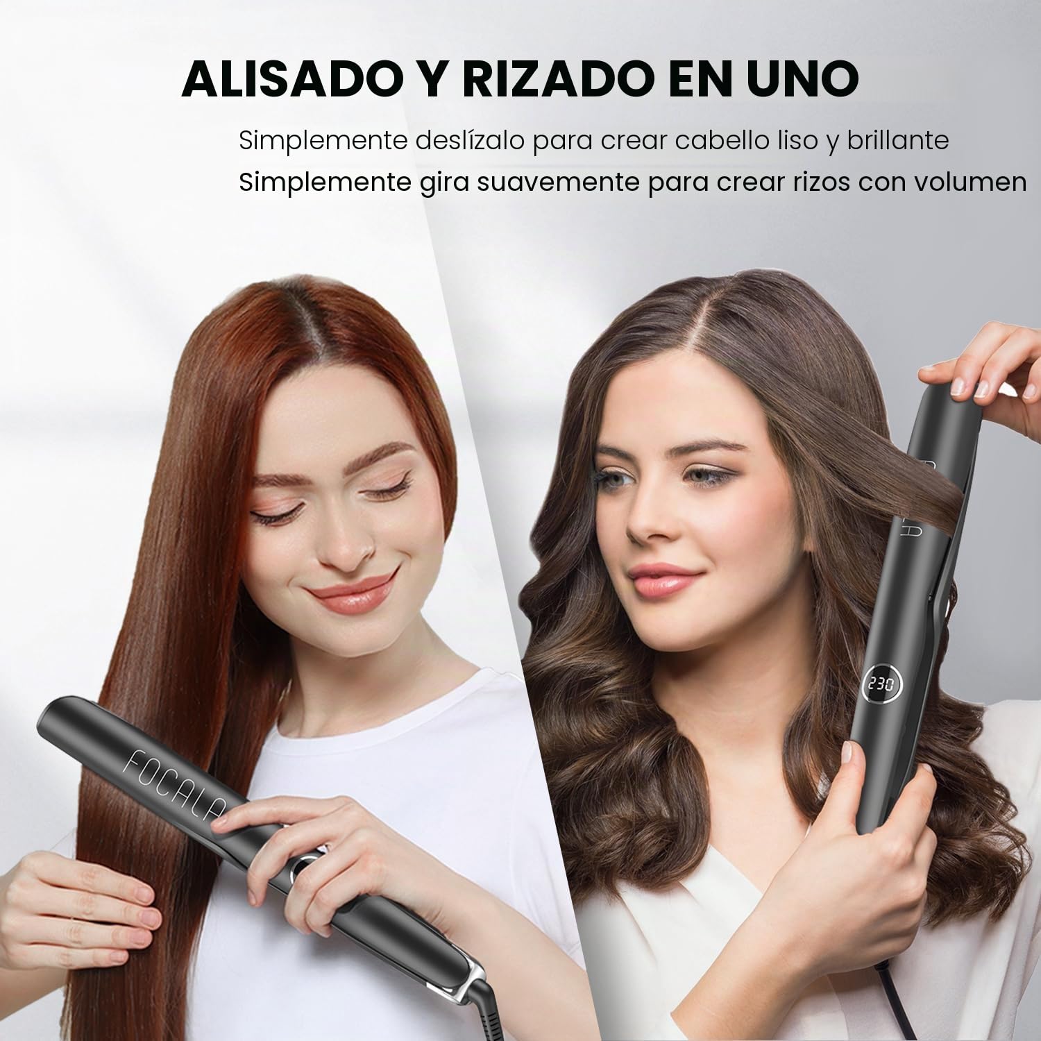 Plancha de Pelo Alisa y Riza 2 en 1: Placas en Espiral para alisar y rizar y ondular Cerámica Revestimiento Tecnología iónica 120-230°C para todo tipo de cabello Pantalla digital