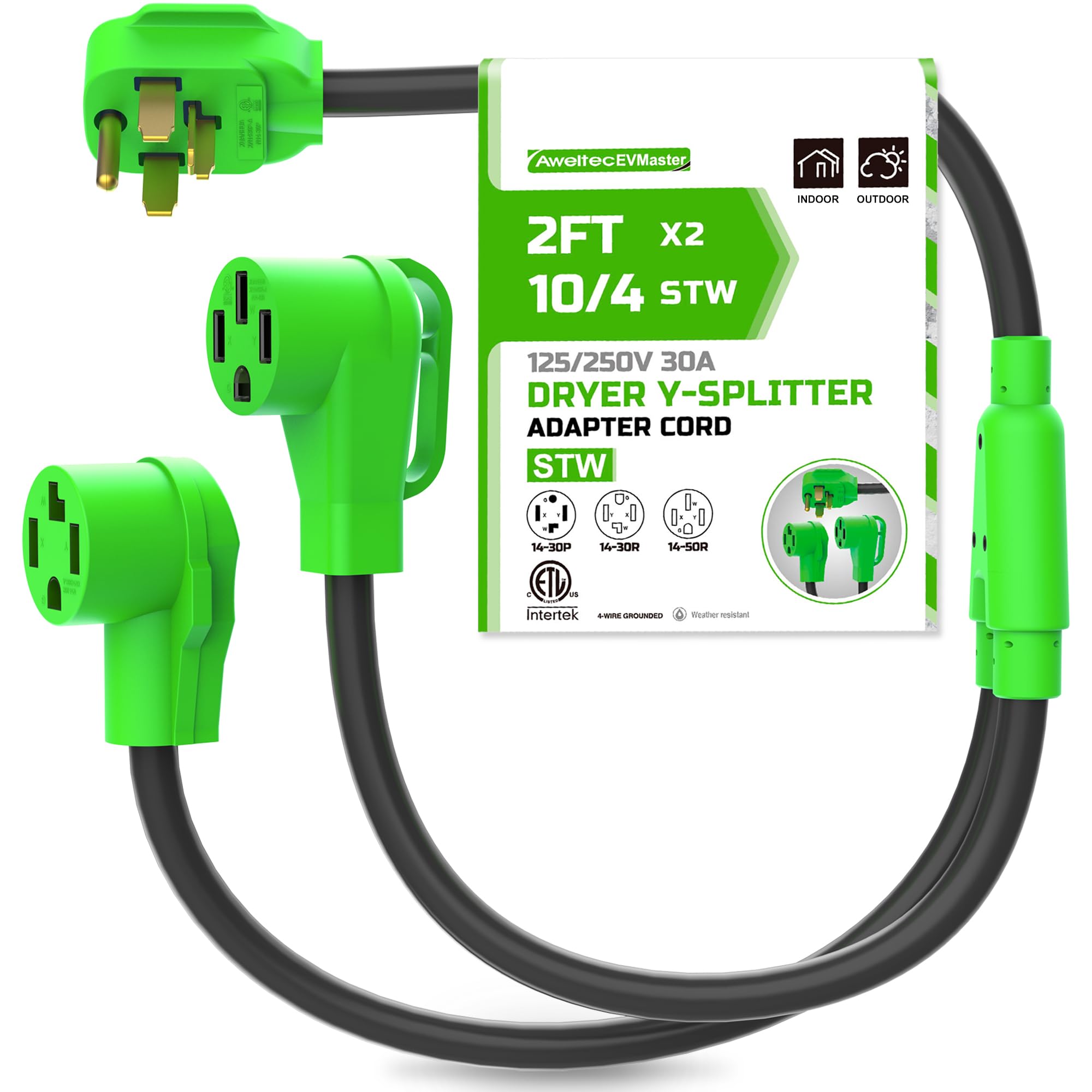 EVMASTER NEMA 14-30P to 14-30R/14-50R Dryer Y Adapter Splitter,4 Prong Dryer Outlet Plug Adapter Cord,250 Volt,10 AWG STW,30 Amp to 30 Amp/50 Amp