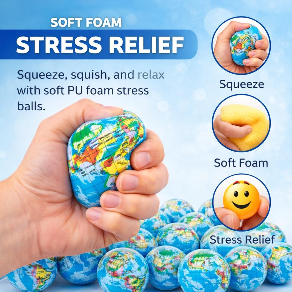 24 Pack - Globe Mini Soft Foam Earth Squeeze Balls, 2.5" Squeezable World Toy Stress Relief Bulk Educational Novelties for Kids, School, Classroom, Party Favors, Rewards