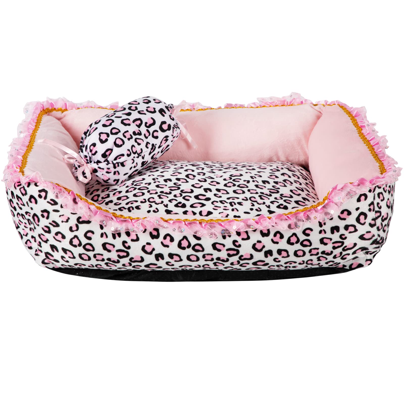 Gigreinc Cama para perros pequeños, bonita cama de leopardo rosa, camas para gatos de interior, lavable, forma cuadrada, sofá cama para mascotas, 56 cm de largo x 43 cm de ancho x 15 cm de alto, talla