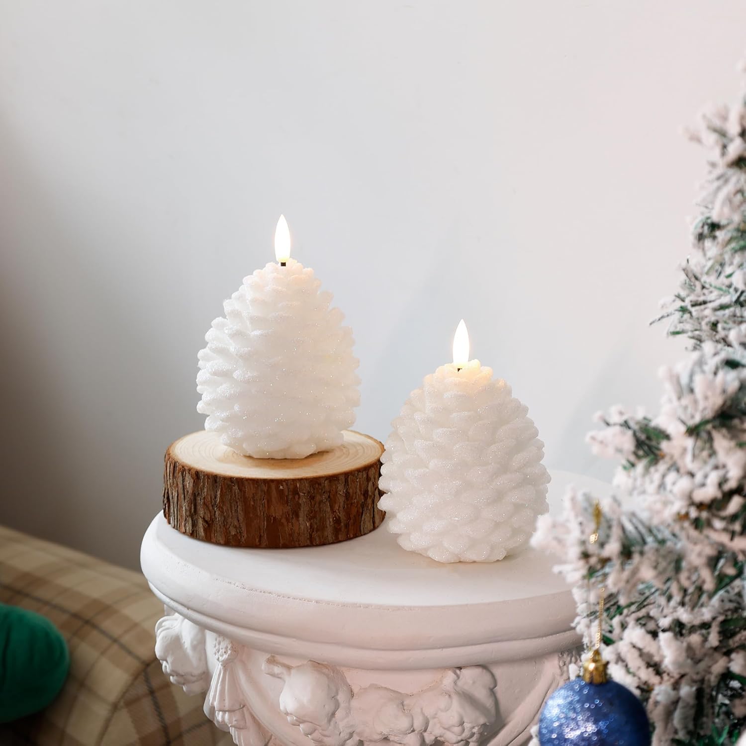 Christmas White Pinecone Candles Flameless with Remote, Real Wax Battery Operated Pine Cone Candle,Flickering LED Candles for Xmas Decoraction Party Holiday Gift, 2 Pack