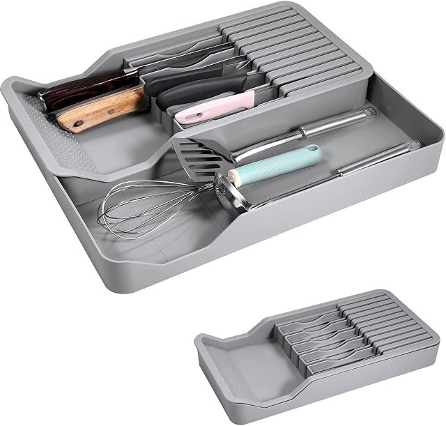 Knife Organiser, Knife Drawer Organizer for 11 Knives Kitchen Knife Holder Knife Storage Box Double Layer Can Be Pulled Out for Store Knives and Kitchen Utensils Space-Saving, Washable