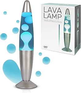 Blaue Lavalampe mit Chromfuß. Retro Tischlampe 34 x 8,5 cm mit 2 Glühbirnen. Stylisches Geschenk für Jugendliche. Perfekte Lampe für Nachttisch oder Zimmer.