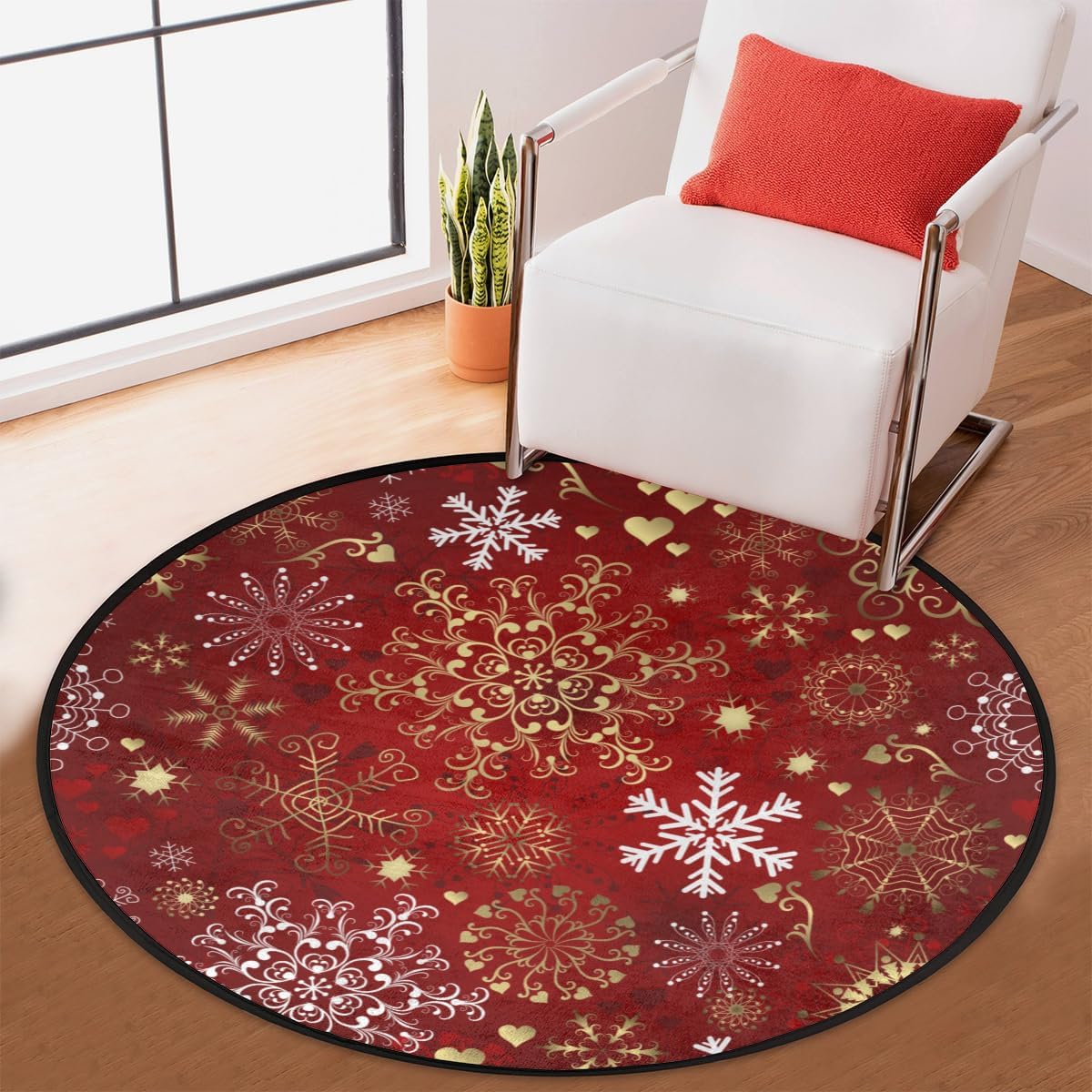 Round Area Rug Christmas Decor Floor Mat 3ft, Absorbent Entryway Doormat Non-Slip Washable Circle Rugs, Gold and White Snowflakes Throw Rug for Living Room Nursery Home Decor
