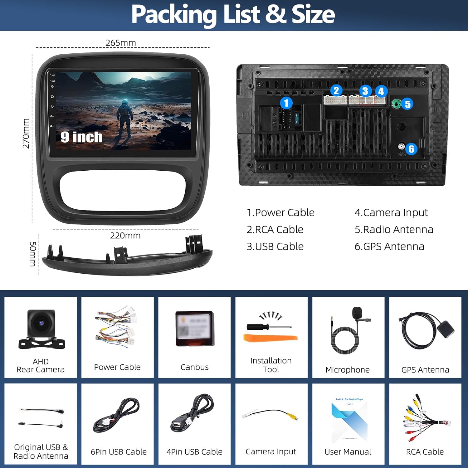 CAMECHO Autoradio: Packliste und Abmessungen