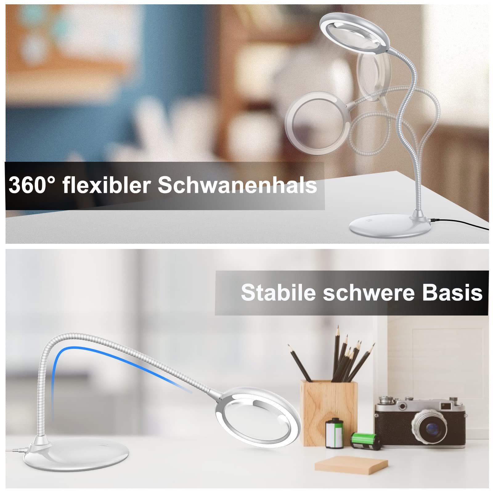 3X Dimmbare Led Lupenlampe, Große Freihändige Lupe Mit Licht und Ständer Zum Lesen Von Senioren Hobbies Crafts Workbench