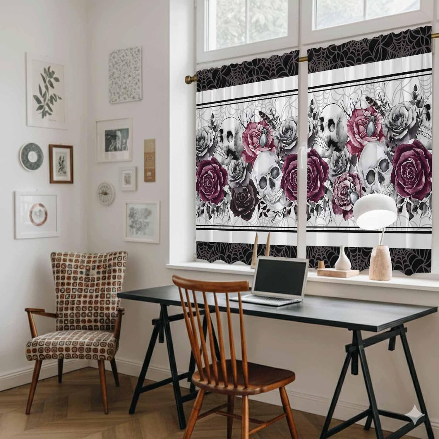 Halloween Kitchen Curtains 45 Inch Long 2 Panel Set, Rod Pocket Window Treatment, Black Purple Skull Roses Horror Flower Light Filtering Panels Short Drapes for Bathroom Camper 42"W x 45"L