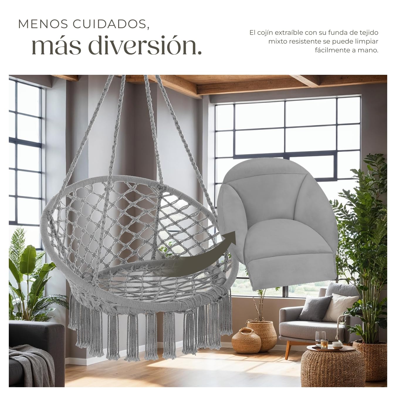 tectake® Cesta Colgante de Estilo Boho Ø 80 cm, Cojines Gruesos de 10-12 cm, Sillón Balancín con Robustas Borlas y 2 Anillas de Fijación, para Interior y Exterior, Cap. de Carga: 160 kg - Gris