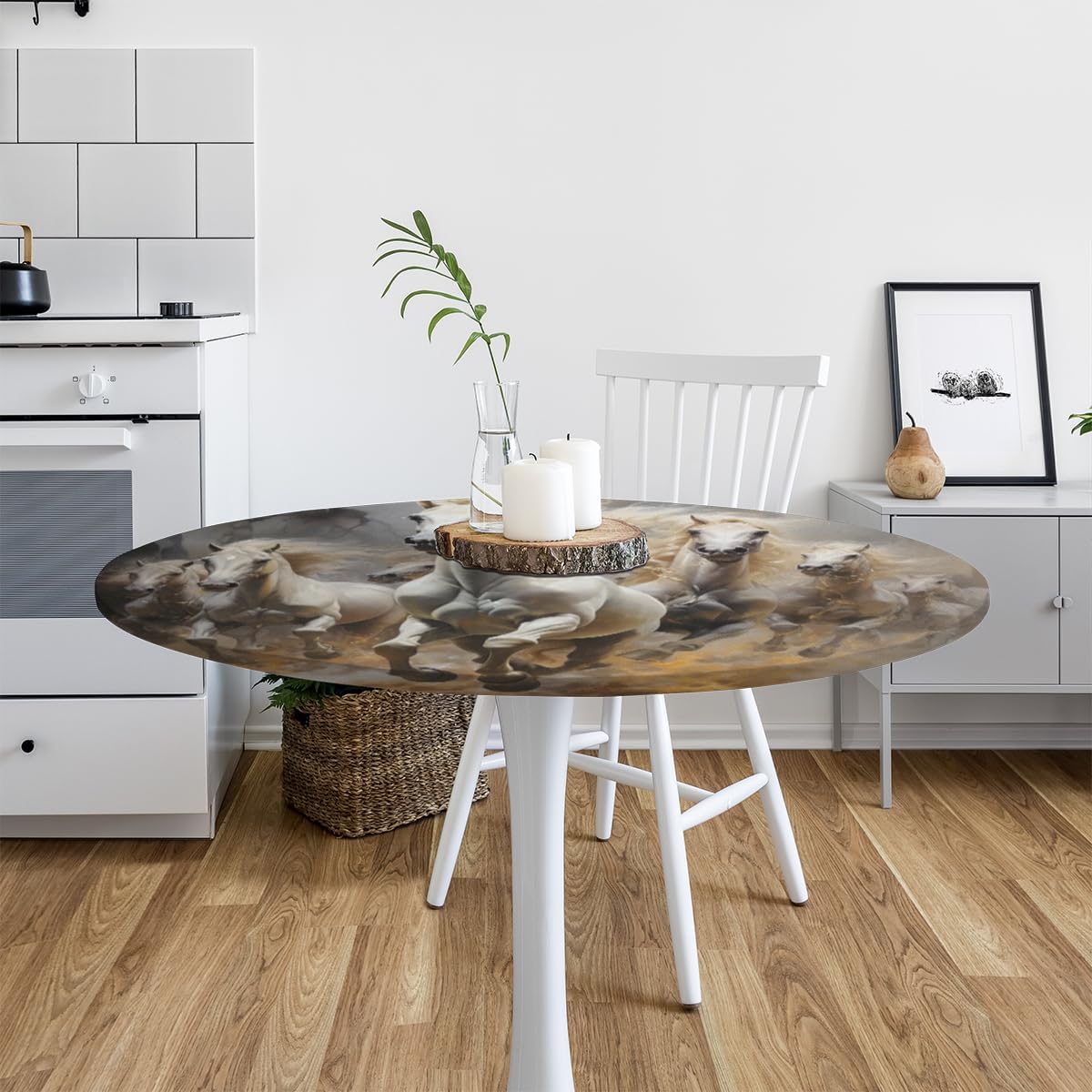 Round Fitted Tablecloth with Elastic Animal Wild Horses Painting Round Elastic Table Cloth Polyester fitted tablecloth 45"-56" Waterproof Spill Proof Table Cover for Dining Room kitchen Patio