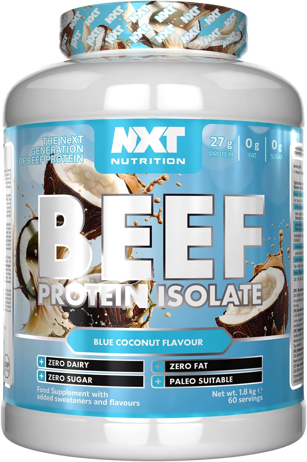 NXT Nutrition Beef Protein Isolate Powder - Protein Powder High in Natural Amino Acids - Paleo, Keto Friendly - Dairy and Gluten Free - Muscle Recovery | 1.8kg - Blue Coconut