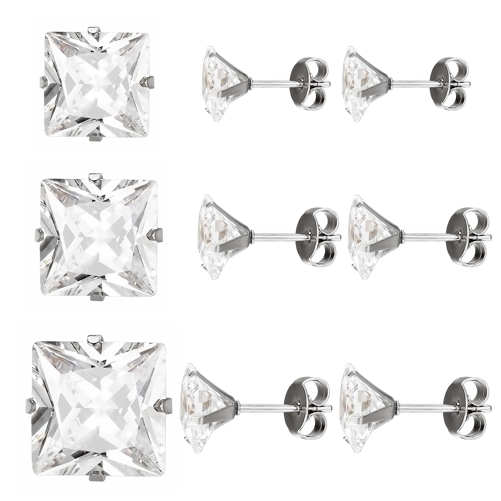 HLMYER3 Pairs Stud Earrings for Women,Diamond Earrings for Women,3/4/5mm Cubic Zirconia Stud Earrings,Hypoallergenic Silver Earrings Studs Set,Comfortable Piercing Jewelry for Birthday,Anniversary