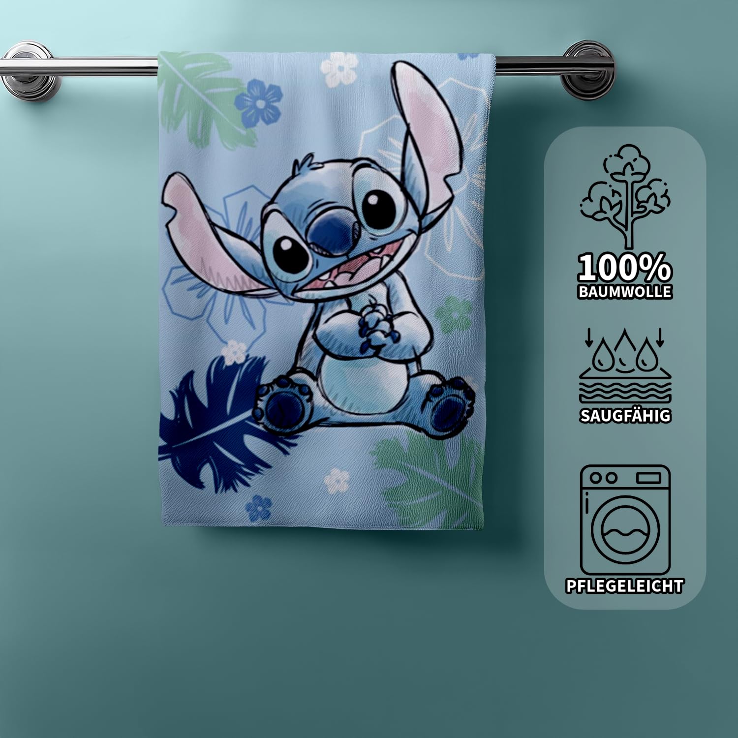 Jerry Fabrics Disney Lilo & Stitch "Ohana Blue" ręcznik plażowy i kąpielowy, duży, 70 × 140 cm, miękki i chłonny, 100% bawełna, frotte, ręcznik kąpielowy, basen i plażowy dla dzieci, żywe ściegi