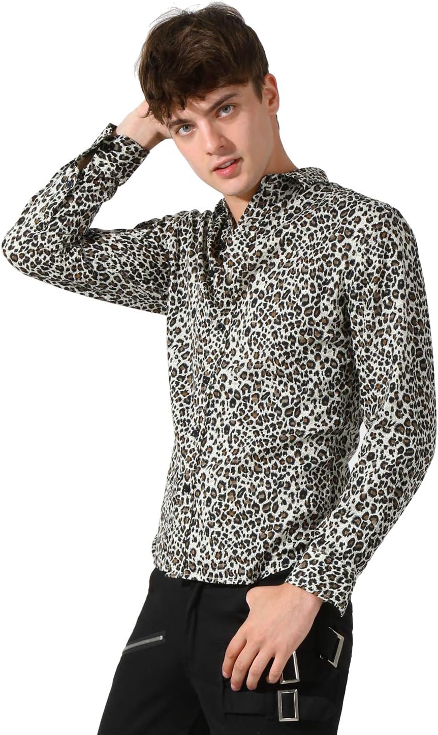 Lars Amadeus Men's Vintage Leopard Animal Print Button Down Long Sleeve Casual Shirt