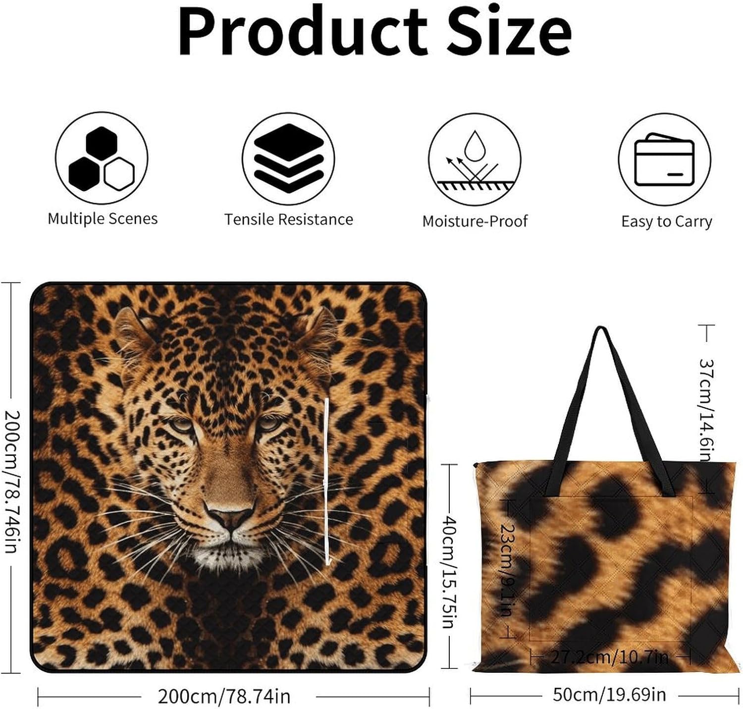 Depict A Leopard Picnic Blanket 200x200cm, Foldable 2-in-1 Picnic Mat and Tote Bag Portable Waterproof Beach Mat Sandproof Outdoor Blanket for Park, Hiking, Beach, Camping, Travel