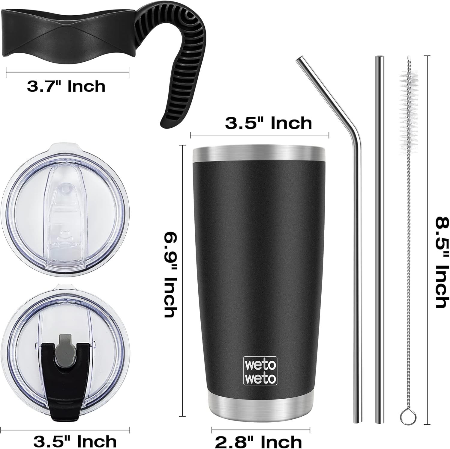 WETOWETO 20oz Tumbler with 2 lids and 2 straws, Stainless Steel Vacuum Insulated Coffee Tumbler Cup, Double Wall Powder Coated Leak-proof Travel Coffee Mug Cup (Black, 1 Pack) - Image 3