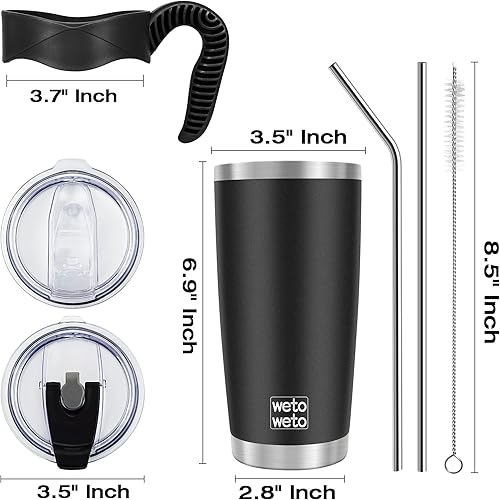 Vista 142 de WETOWETO - Vaso térmico de acero inoxidable de 20 onzas con mango, taza de café con 2 tapas y 2 pajillas, doble pared con aislamiento al vacío, vaso