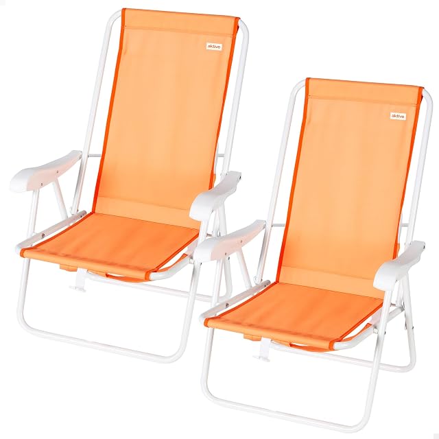 AKTIVE Pack 2 sillas Playa, 44x40x81 cm, Asiento Medio 28 cm, Naranja, Respaldo Fijo, Bolsillo Trasero