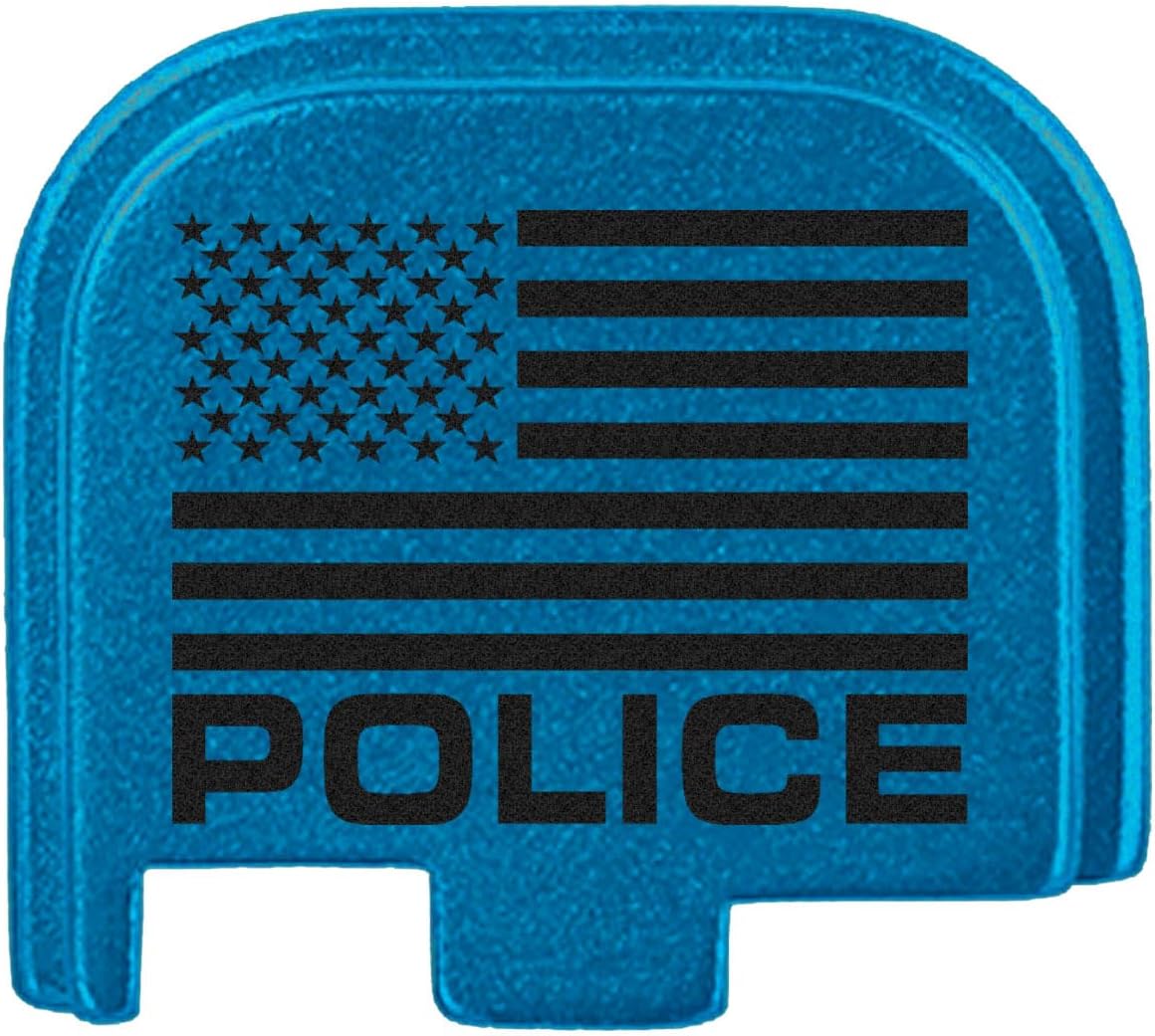 NDZ Performance Slide Cover Back Plate for Glock 43 43X 48 & PSA Dagger Micro – Aluminum Upgrade with Black Engraving – US Flag Police – Blue