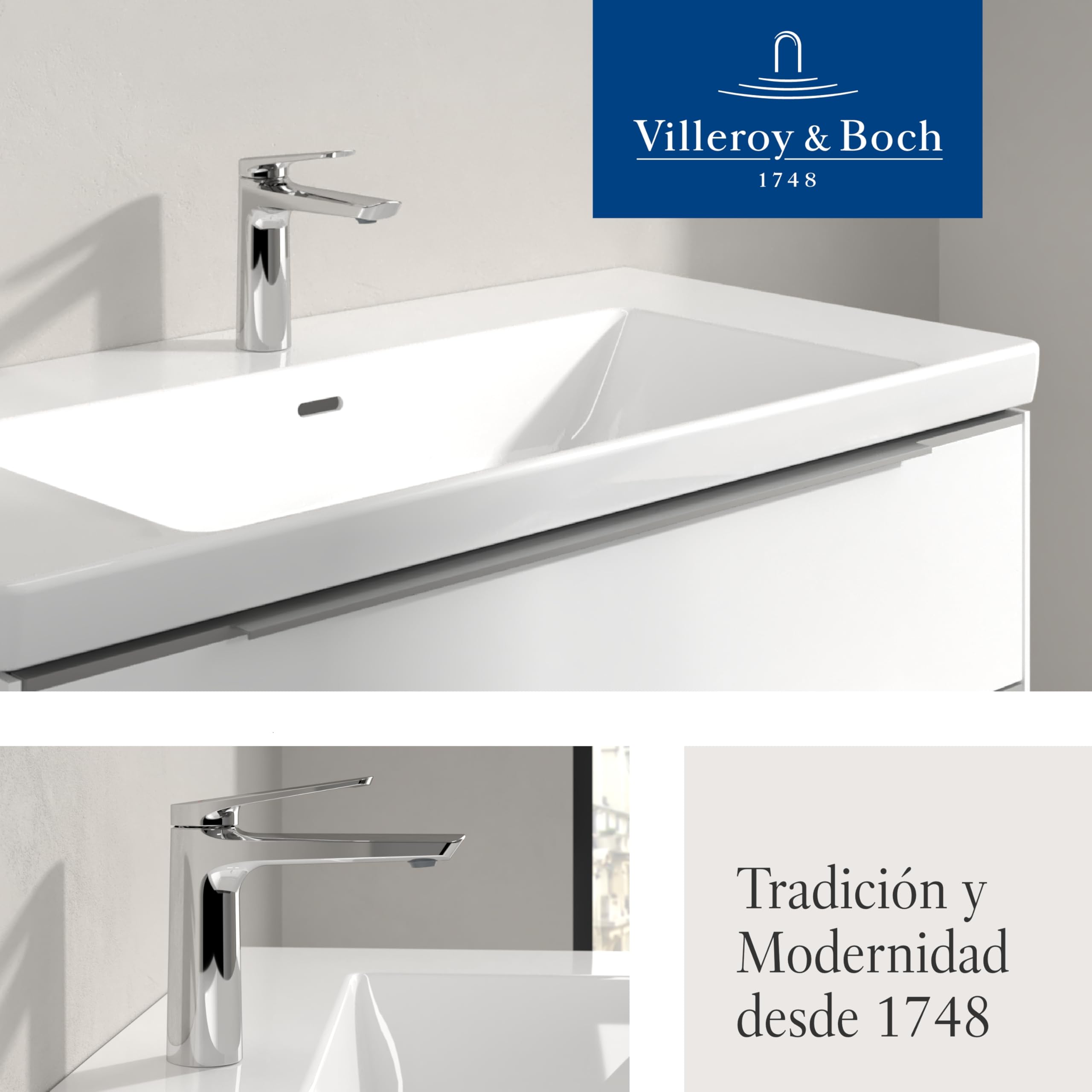 Villeroy & Boch Oasis grifo de lavabo sin mecanismo de desagüe - Grifo de bajo consumo con cartucho cerámico - Grifo de baño - Altura de caño de 114 mm - Grifo redondo cromado | Sin residuos emergentes, ahorro de agua, cartucho de cerámica, diseño redondo