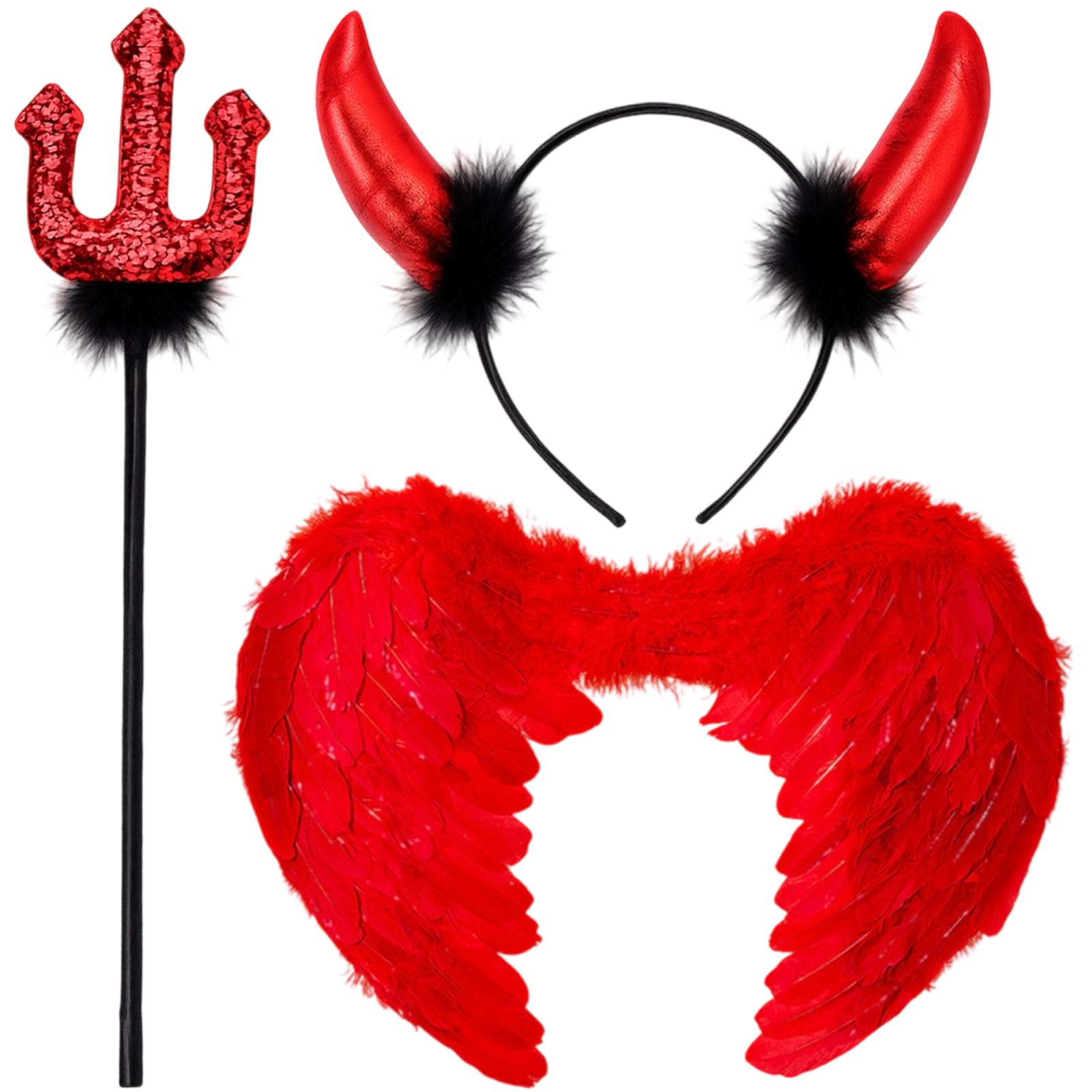 EujRcf 3pc Red Devil Costume Women - Ladies Devil Outfit with Red Angel Wings,Sequin Horns Headband and Pitchfork Halloween Costumes Women,Dark Angel Halloween Costume Party