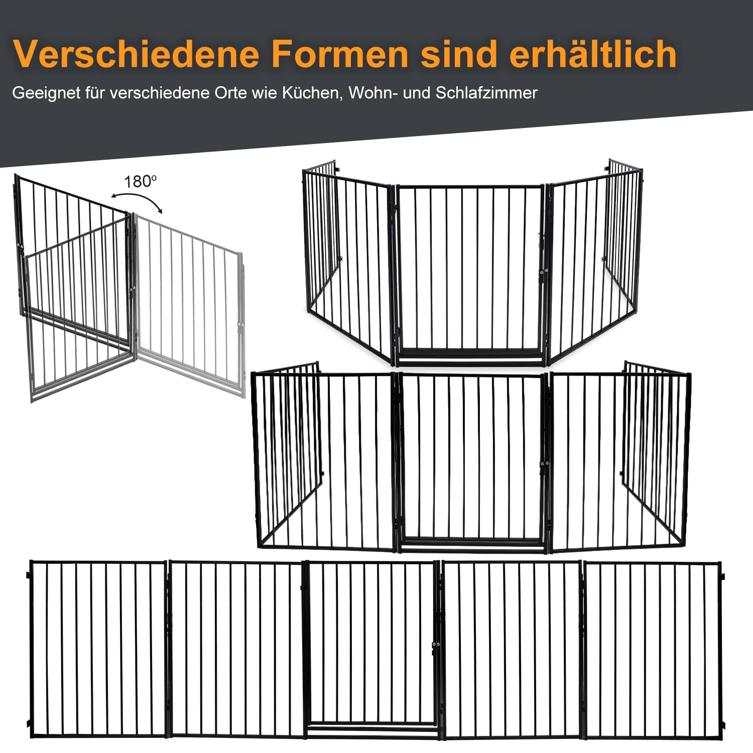 Fiqops Barriera di sicurezza per camino con porta, 304 cm, in metallo, con chiusura a gancio, griglia di protezione per animali, 5 elementi (60 x 76 cm) per sicurezza bambini, colore nero