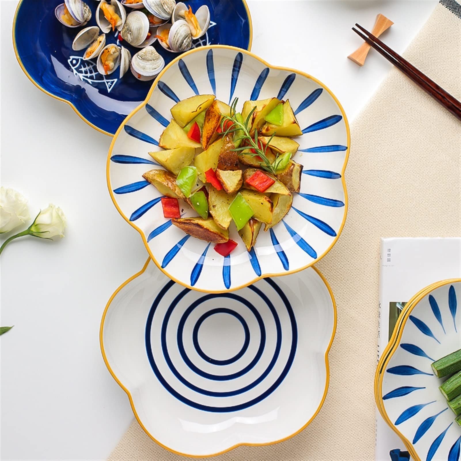 LUNIZ Platos de Comida Platos de Cena platear de Cena de cerámica Creativo for el hogar platear de Porcelana Hecho a Mano platear de Ensalada platear de Pescado Platos de Postre(E)